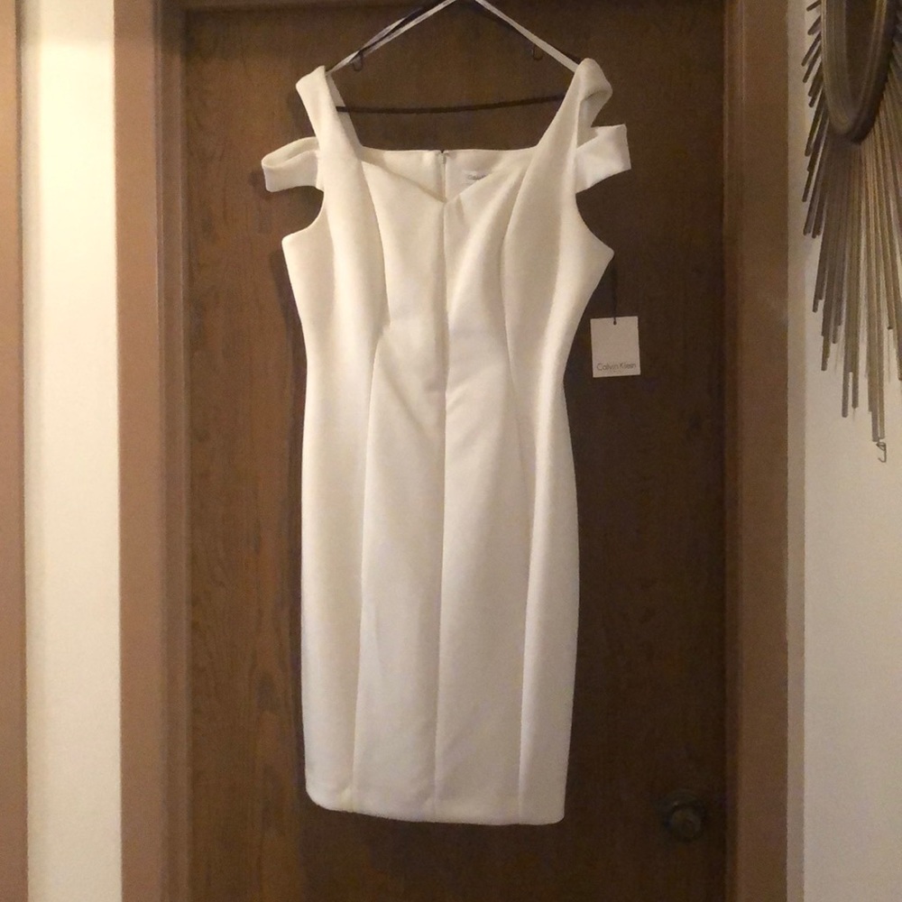 Calvin Klein white shoulder cut out scuba dress